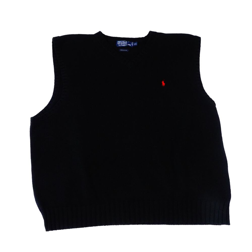 Ralph Lauren Vintage Hong Kong 90s Black V Neck Sweater Vest Red Pony Men's XXL